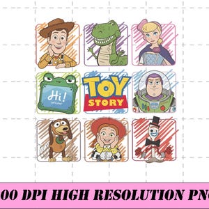May include: A digital graphic featuring a grid of nine squares displaying Toy Story characters including Woody, Rex, Bo Peep, a green frog tablet with the text Hi! Let's play!, the Toy Story logo, Buzz Lightyear, Slinky Dog, Jessie, and Forky.