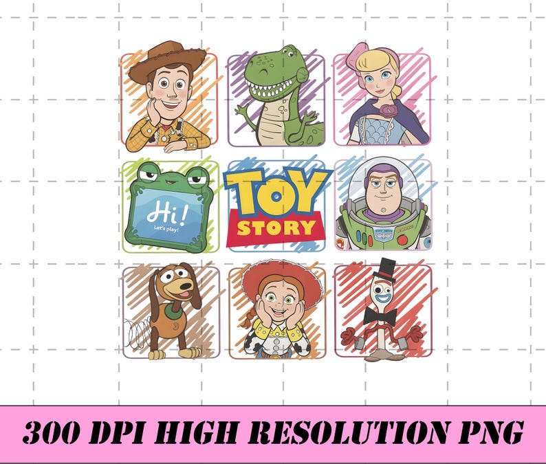 May include: A digital graphic featuring a grid of nine squares displaying Toy Story characters including Woody, Rex, Bo Peep, a green frog tablet with the text Hi! Let's play!, the Toy Story logo, Buzz Lightyear, Slinky Dog, Jessie, and Forky.