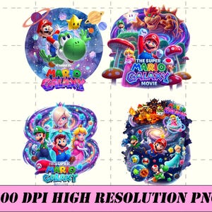 May include: Four colorful circular designs featuring characters from the Super Mario Galaxy series. Each design includes Mario, Luigi, Princess Peach, and other characters, with the text "THE SUPER MARIO GALAXY MOVIE". The bottom of the image reads "300 DPI HIGH RESOLUTION PNG".
