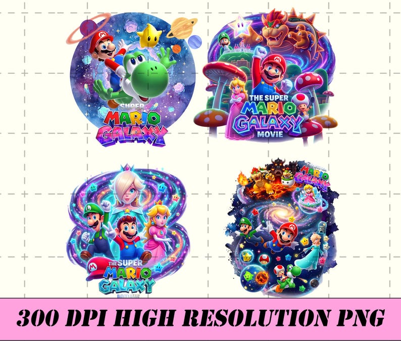 May include: Four colorful circular designs featuring characters from the Super Mario Galaxy series. Each design includes Mario, Luigi, Princess Peach, and other characters, with the text "THE SUPER MARIO GALAXY MOVIE". The bottom of the image reads "300 DPI HIGH RESOLUTION PNG".