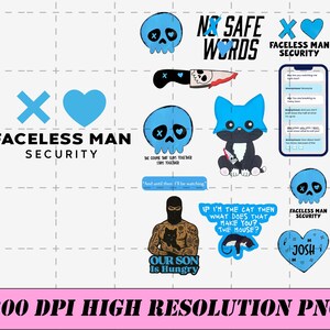 Op de afbeelding: Een verzameling digitale stickers met een donker thema. Ontwerpen omvatten een blauwe schedel met een hartvormig oog, een mes, een kat en tekst die luidt "No Safe Words" en "Faceless Man Security".