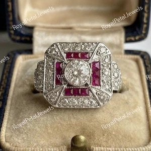 1920s Vintage 2.00 Ct Round Cut Diamond & Ruby Antique Art Deco Engagement Ring In 935 Argentium Silver, Estate Jewelry Ring For Women's