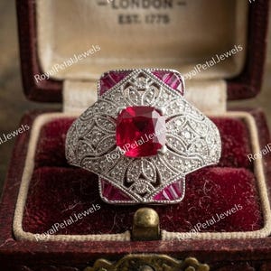 1920s Edwardian 1.50 Ct Ruby Diamond Vintage Art Deco Engagement Ring In 935 Argentium Silver, Motif Jewelry For Women's, Antique Rings