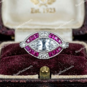 1920's Antique 1.80 ct. Marquise Cut Diamond & Ruby Art Deco Engagement Ring In 935 Argentium Silver, Estate Edwardian Jewelry For Women's
