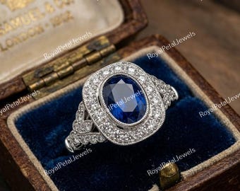 1920s Edwardian 2 Carat Oval Sapphire Antique Art Deco Engagement Ring In 935 Argentium Silver, Vintage Jewelry, Estate Ring For Womens
