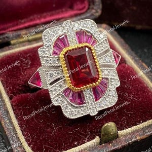 1920s Antique 2.00 Ct Ruby Diamond Vintage Art Deco Engagement Ring In 935 Argentium Silver, Retro Edwardian Bezel Ring, Unique Wedding Ring