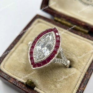 Anillo de compromiso Art Déco de estilo eduardiano vintage de la década de 1920 con diamante marquesa de 2 quilates y rubí, en plata 935 Argentium, anillo tipo halo, anillos de colección.