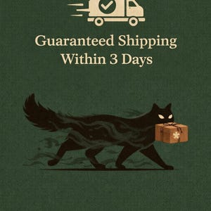 May include: Illustration of a black cat carrying a package with a floral design. The image includes the text "Guaranteed Shipping Within 3 Days" and a graphic of a delivery truck with a checkmark.