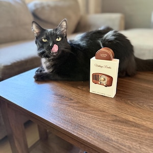 May include: A black cat with its tongue out rests on a wooden table next to a box of coasters. The box is white with the words "Vintage Radio" and a picture of a vintage radio. The coasters are brown.