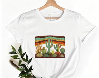 Retro Serape Desert Cactus Tee, Colorful Striped Sunset & Saguaro Print White Casual Crew Neck，Southwest Cactus Garden Tee