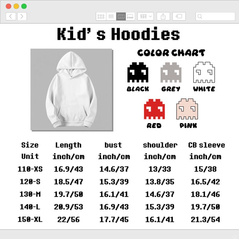 Puede incluir: Una sudadera con capucha blanca junto a una tabla de colores con iconos pixelados en negro, gris, blanco, rojo y rosa. Una tabla de tallas muestra medidas en pulgadas y cent&iacute;metros para las tallas 110-XS a 150-XL, incluyendo largo, busto, hombro y manga.