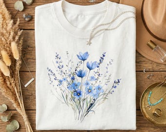 Cottagecore Blue Floral Watercolor Tee, Wildflower Bouquet Print Off White Crew Neck Shirt，Soft Blue Watercolor Flower Tee