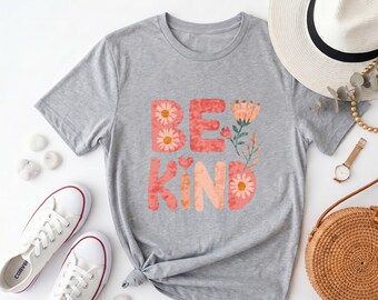 Inspirational "Be Kind" Floral Tee, Watercolor Coral Letter & Daisy Print Casual Gray Crew Neck for Kindness Lovers