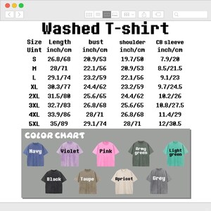 Puede incluir: Una tabla de tallas para una camiseta lavada que muestra medidas en pulgadas y cent&iacute;metros para las tallas S a 5XL, incluyendo largo, busto, hombro y manga. Debajo hay una carta de colores con camisetas en azul marino, violeta, rosa, verde militar, verde claro, negro, topo, albaricoque y gris.