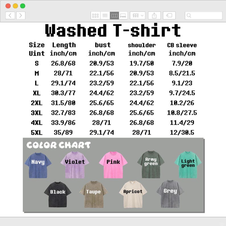 Puede incluir: Una tabla de tallas para una camiseta lavada que muestra medidas en pulgadas y cent&iacute;metros para las tallas S a 5XL, incluyendo largo, busto, hombro y manga. Debajo hay una carta de colores con camisetas en azul marino, violeta, rosa, verde militar, verde claro, negro, topo, albaricoque y gris.