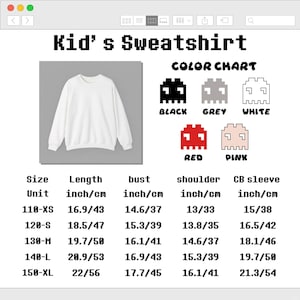 Puede incluir: Una sudadera blanca de manga larga presentada con una tabla de colores que muestra opciones en negro, gris, blanco, rojo y rosa. Una tabla de tallas ofrece medidas en pulgadas y cent&iacute;metros para las tallas 110-XS a 150-XL, incluyendo largo, busto, hombro y manga.