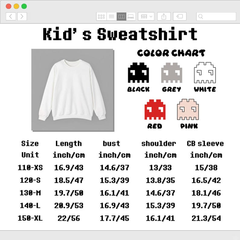 Puede incluir: Una sudadera blanca de manga larga presentada con una tabla de colores que muestra opciones en negro, gris, blanco, rojo y rosa. Una tabla de tallas ofrece medidas en pulgadas y cent&iacute;metros para las tallas 110-XS a 150-XL, incluyendo largo, busto, hombro y manga.