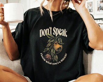 Retro "Don't Speak" Lyric Tee, Vintage Floral Orange Fruit & Wilted Rose Print ，Retro Lyric Floral Print Tee,Black Casual Crew Neck Top