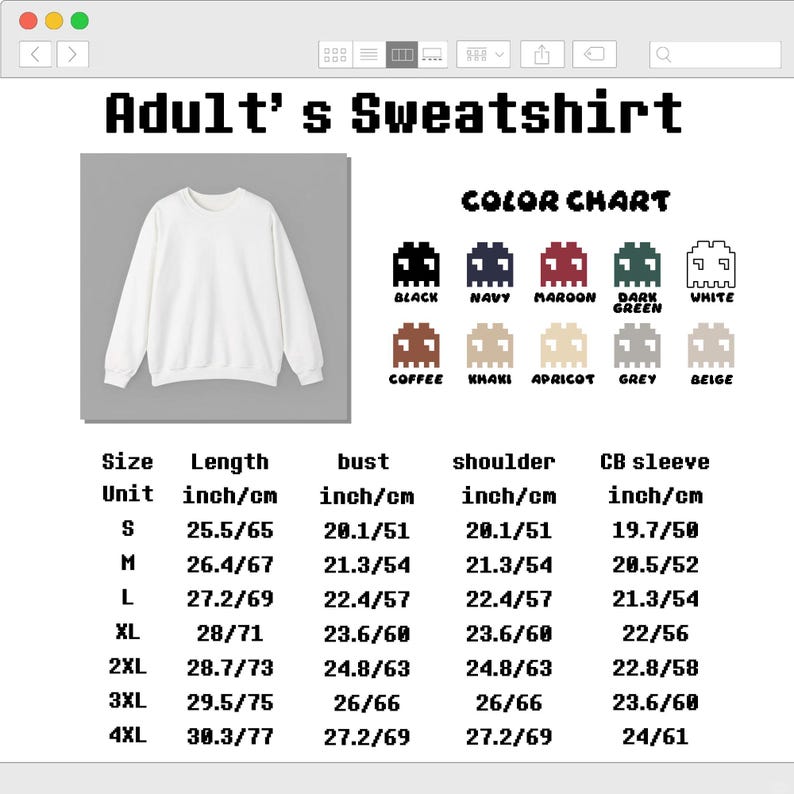Puede incluir: Una sudadera blanca de manga larga junto a una tabla de colores con iconos de fantasmas pixelados en negro, marino, granate, verde oscuro, blanco, caf&eacute;, caqui, albaricoque, gris y beige. Una tabla de tallas muestra medidas en pulgadas y cent&iacute;metros.