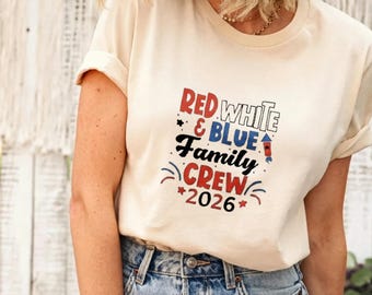 4th of July Family Matching Tee, Red White & Blue "Family Crew 2026" Print Cream Crew Neck Shirt，2026 Patriotic Family Crew Tee