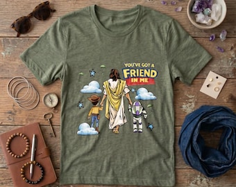 Jesus Woody Buzz Lightyear "Friend In Me" Graphic Tee – Olive Green Cotton Blend Shirt