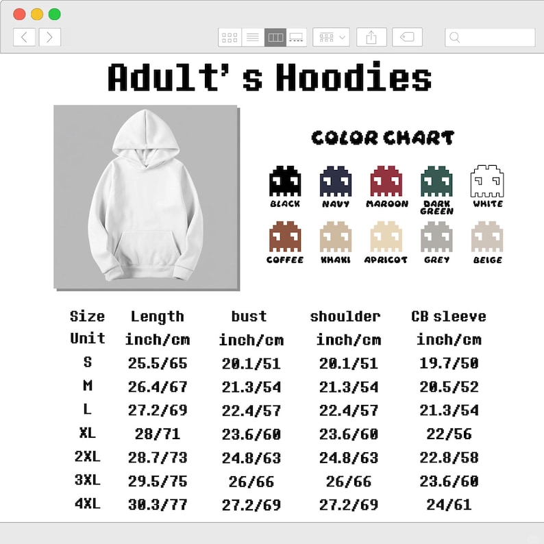 Puede incluir: Una sudadera con capucha blanca junto a una tabla de colores con iconos pixelados para negro, marino, granate, verde oscuro, blanco, caf&eacute;, caqui, albaricoque, gris y beige. Una tabla de tallas muestra medidas en pulgadas y cent&iacute;metros de S a 4XL.