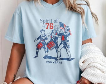 USA 250th Anniversary Heritage Tee, "Spirit of 76" Revolutionary Print Light Blue Crew Neck Shirt，Spirit of 76 250th Anniversary Casual Tee