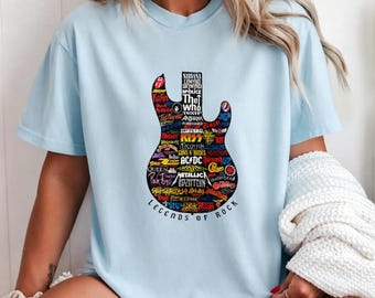 Rock Band Logo Guitar Silhouette Tee, "Legends of Rock" Vintage Band Print Light Blue Casual Crew Neck，Light Blue Casual Crew Neck Top