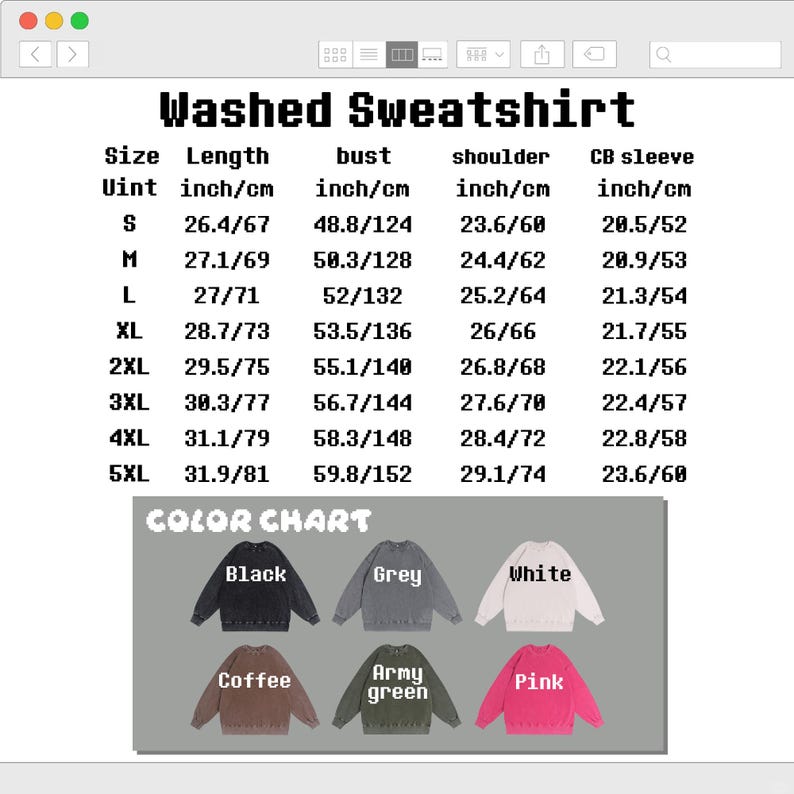 Puede incluir: Una tabla de tallas para una sudadera lavada con los encabezados Washed Sweatshirt y Color Chart. La tabla enumera medidas en pulgadas y cent&iacute;metros para tallas de S a 5XL, incluyendo largo, busto, hombro y manga. Seis opciones de color.