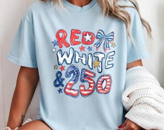 250th Independence Day Tee, Doodle Style "Red White & 250" Print with Stars Light Blue Casual Crew Neck，USA 250th Celebration Tee