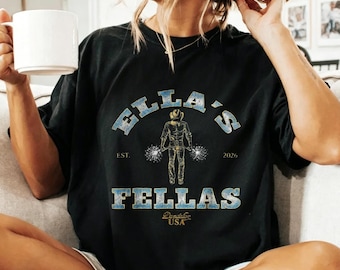 Retro Sparkle Western Cowboy Tee, "Ella's Fellas" Print with Cowboy Silhouette Black Casual Crew Neck，Western Cowboy Tee
