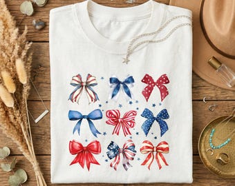 Red White & Blue Patriotic Bow Tee, Watercolor Ribbon Design Off White Crew Neck for Independence Day，American Flag Inspired Bow Tee