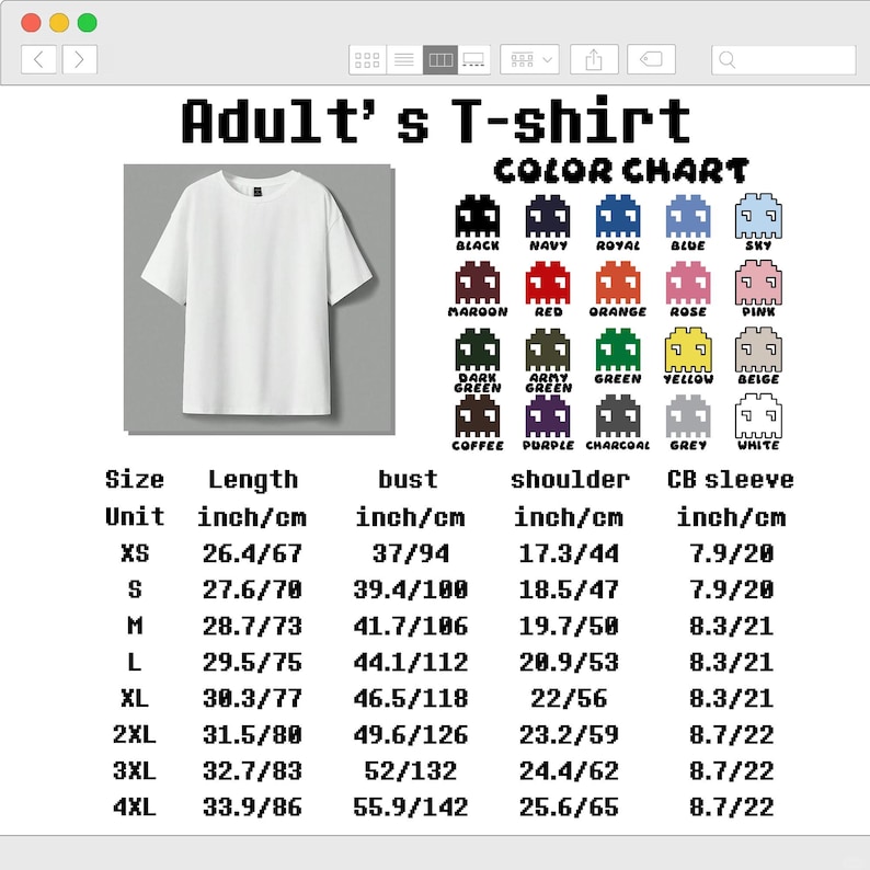 Puede incluir: Una camiseta blanca de manga corta mostrada junto a una tabla de colores con veinte iconos de fantasmas pixelados en varios colores y una gu&iacute;a de tallas con medidas en pulgadas y cent&iacute;metros para las tallas XS a 4XL de largo, busto, hombro y manga.