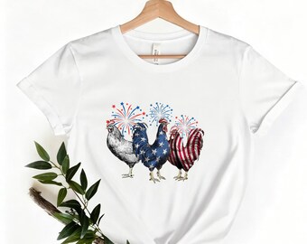 Patriotic Rooster Trio Tee, Red White & Blue Chicken with Fireworks Print White Crew Neck Shirt for 4th of July，Patriotic Rooster Trio  Tee
