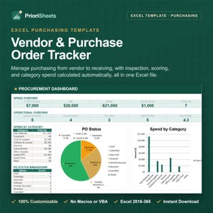May include: A dark green Excel purchasing template titled Vendor & Purchase Order Tracker. The dashboard displays a procurement overview, spend by category table, a PO status pie chart, and a bar graph showing spend by category with data.