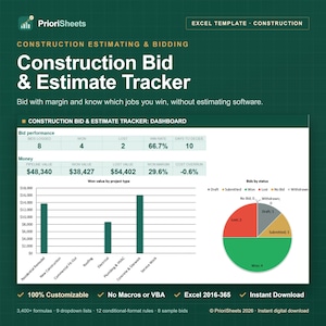 Tracker voor bouwoffertes en -ramingen | Excel-dashboard | Sjabloon voor aannemersoffertes | Spreadsheet voor winstpercentage en projectkosten | Opslagcalculator