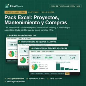 May include: A digital pack of three Excel templates for business management, featuring dashboards for projects, maintenance, and purchasing. The dark green interface displays data visualizations, pie charts, and key performance indicators for tracking business metrics.