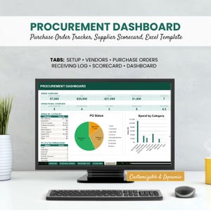 Könnte beinhalten: Ein Computermonitor mit einem Beschaffungs-Dashboard, das Finanzdaten und Diagramme anzeigt. Der Bildschirm zeigt "PROCUREMENT DASHBOARD". Eine Tastatur, eine Maus und eine Pflanze in einer weißen Vase befinden sich im Vordergrund.