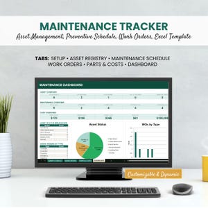 May include: A computer monitor displaying a maintenance tracker dashboard. The screen shows data visualizations, including charts and tables, with the text "MAINTENANCE TRACKER" at the top. A keyboard, mouse, and a yellow mug are in the foreground.