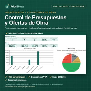 May include: A digital Excel construction budget and bid tracking template by PrioriSheets. The interface displays project data, financial metrics, a bar chart of earnings by project type, and a pie chart showing bid status, all on a dark green background.