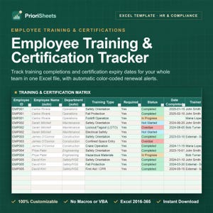 May include: An Excel template for an Employee Training & Certification Tracker by PrioriSheets. The spreadsheet features a Training & Certification Matrix with columns for Employee ID, Name, Department, Training Type, Required, Status, and Date.