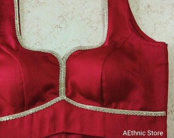 Made To Order Red Blended Raw Silk Saree Blouse Lace trim Sweetheart Neck