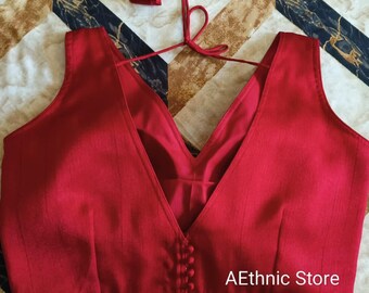 Women Handmade Raw Silk Red Saree Blouse, Sleeveless Deep V Neck Choli Crop Top