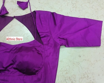 Made To Order Designer Blended Plain Silk Saree Blouse, Elbow Sleeves