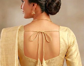 Made To Order Gold Blended Banarasi Silk Saree Blouse:  Elbow Sleeves Choli Crop Top