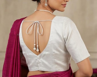 Women's silver Banarsi Silk Saree Blouse, Stitched Padded Elbow sleeves traditional Choli Blouse