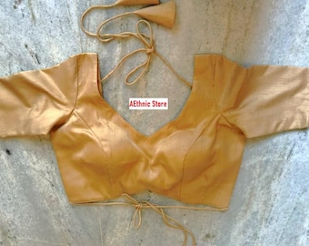 Made To Order Gold Blended Raw Silk Saree Blouse: Elbow Sleeves Choli Crop Top