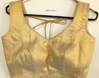 Made To Order Gold Blended Banarasi Silk Saree Blouse: Sleeveless V-Neck Choli Crop Top