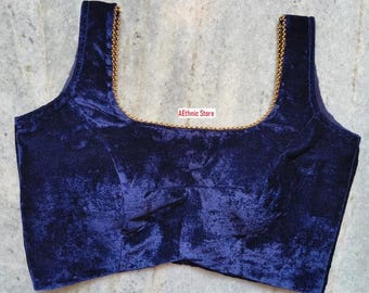 Sleeveless Velvet Saree Blouse, Round Neck Moti Lace Choli Crop Top