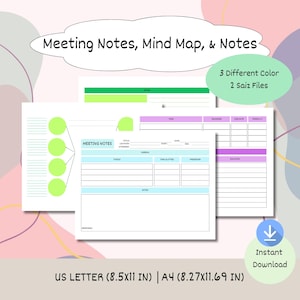 Pode incluir: Modelos digitais de notas de reunião em três cores, com seções para tópicos, agenda e apresentador. O design inclui um mapa mental e está disponível nos tamanhos US Letter (21,59x27,94 cm) e A4 (21x29,7 cm). A imagem também inclui o texto "Meeting Notes, Mind Map, & Notes".